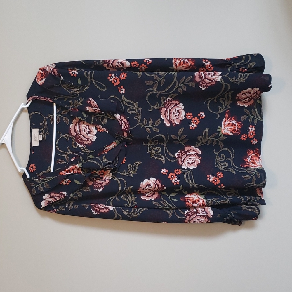 Loft Size L Navy/Floral Long Sleeve Blouse